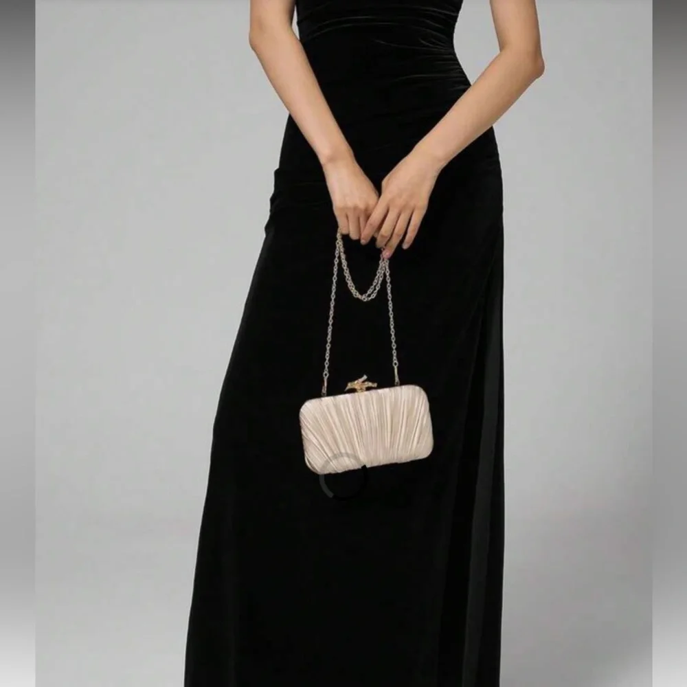 Elegant Cream Satin Pleated Clutch with Gold Accent